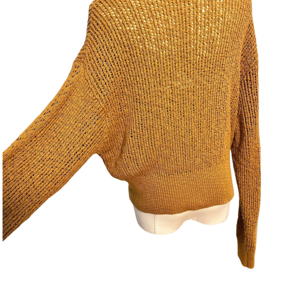 Billabong Feel the Breeze Mustard Brown Open Knit V Neck Cropped Sweater Small - Picture 6 of 7